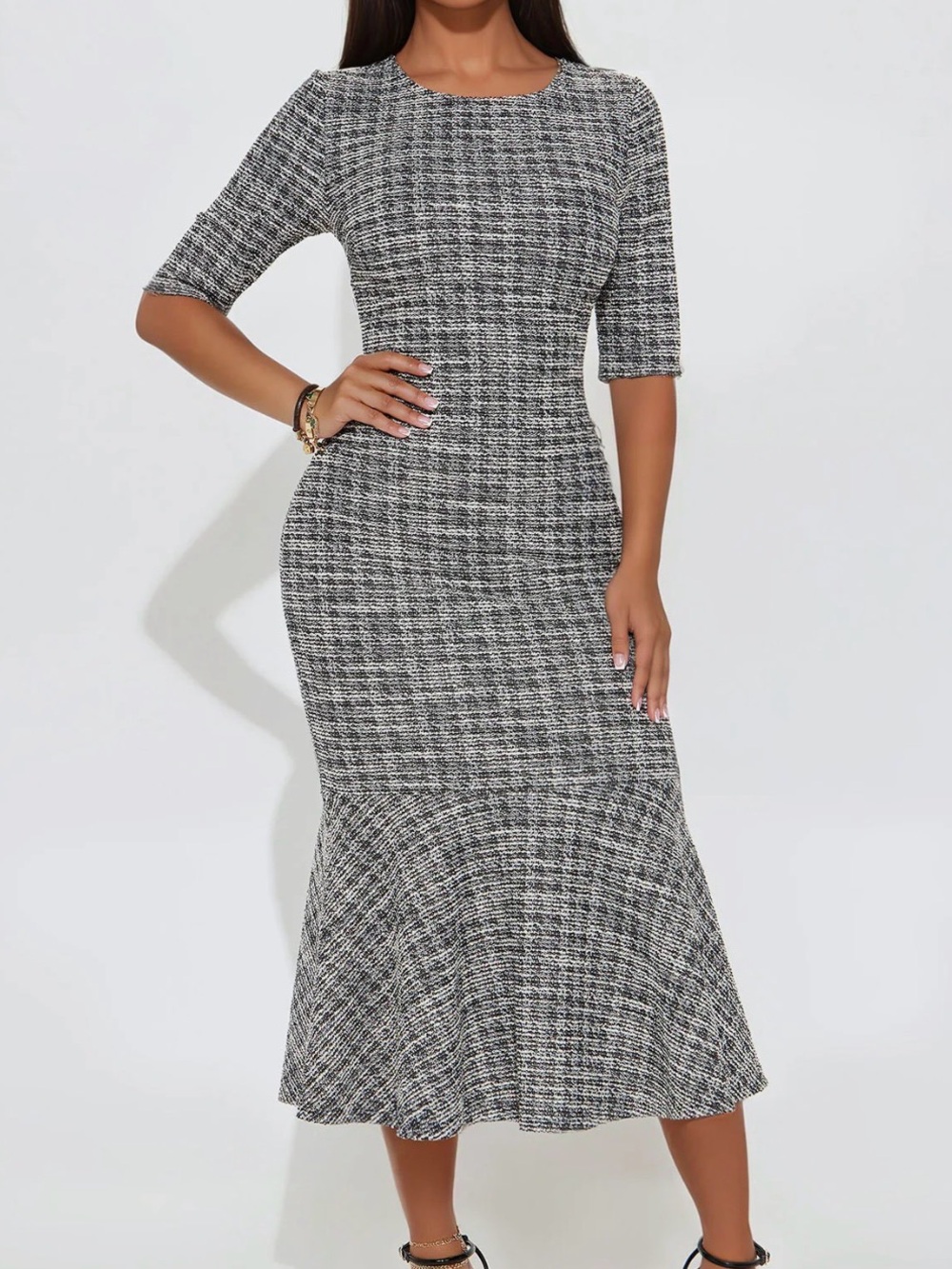 Fashion Nova Black and White Tweed Midi Dress